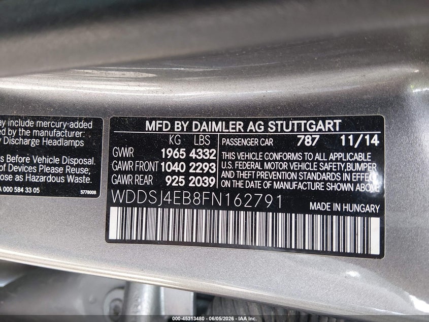 2015 Mercedes-benz Cla-klasse VIN WDDSJ4EB8FN162791 IAAI salvage auction — RIGHT FRONT, Salvage Title, sold $2,400 on 2026-08-15 (photo 9)