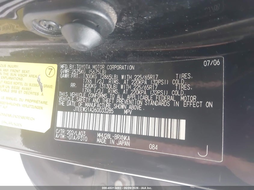 2006 Toyota Highlander hybrid VIN JTEEW21A260033285 IAAI salvage auction — FRONT END, Clear (Indiana), sold $575 on 2026-07-10 (photo 9)