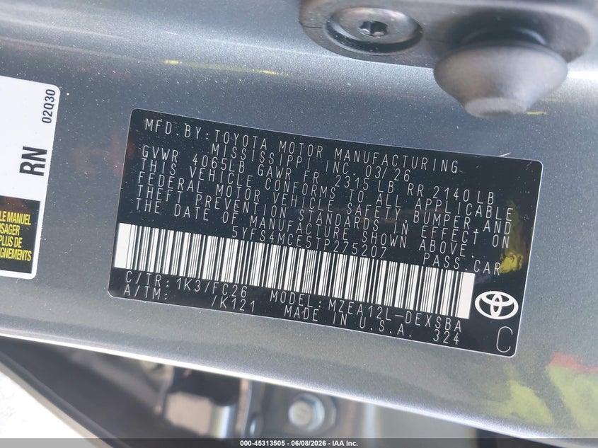 2026 Toyota Corolla VIN 5YFS4MCE5TP275207 IAAI salvage auction — ALL OVER, Salvage Title, sold $1,300 on 2026-07-29 (photo 9)
