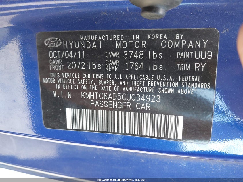 2012 Hyundai Veloster VIN KMHTC6AD5CU034923 IAAI salvage auction — LEFT FRONT, Salvage Title, sold $900 on 2026-07-07 (photo 9)