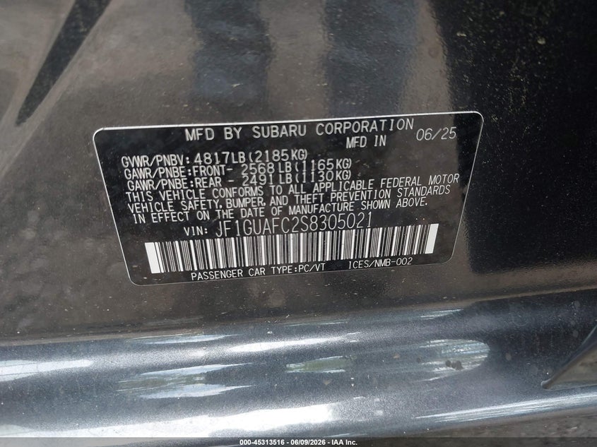 2025 Subaru Impreza VIN JF1GUAFC2S8305021 IAAI salvage auction — FRONT END, Salvage (Virginia), sold $3,450 on 2026-07-28 (photo 9)