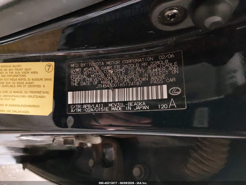 2006 Lexus ES VIN JTHBA30G165174187 IAAI salvage auction — REAR END, Junk (Illinois), sold $425 on 2026-07-21 (photo 9)
