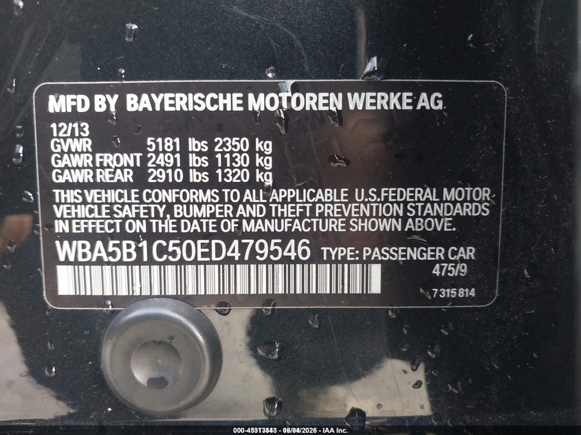 2014 BMW 5er VIN WBA5B1C50ED479546 IAAI salvage auction — FRONT END, Salvage (California), sold $425 on 2026-07-29 (photo 9)