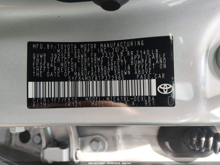 2026 Toyota Corolla VIN 5YFB4MDE8TP372965 IAAI salvage auction — FRONT END, Salvage (Ohio), sold $6,600 on 2026-07-19 (photo 9)