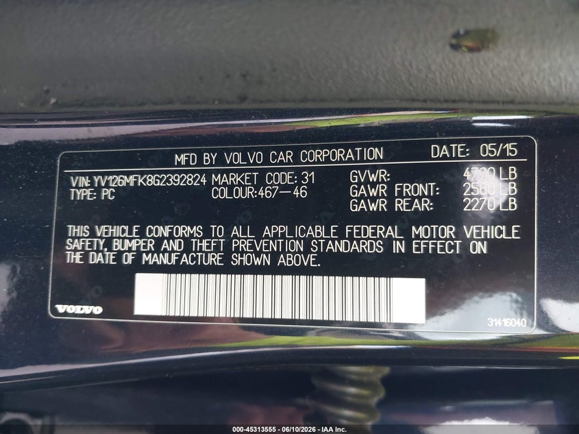 2016 Volvo S60 VIN YV126MFK8G2392824 IAAI salvage auction — NORMAL WEAR, Clear (Hawaii), sold $950 on 2026-08-04 (photo 9)