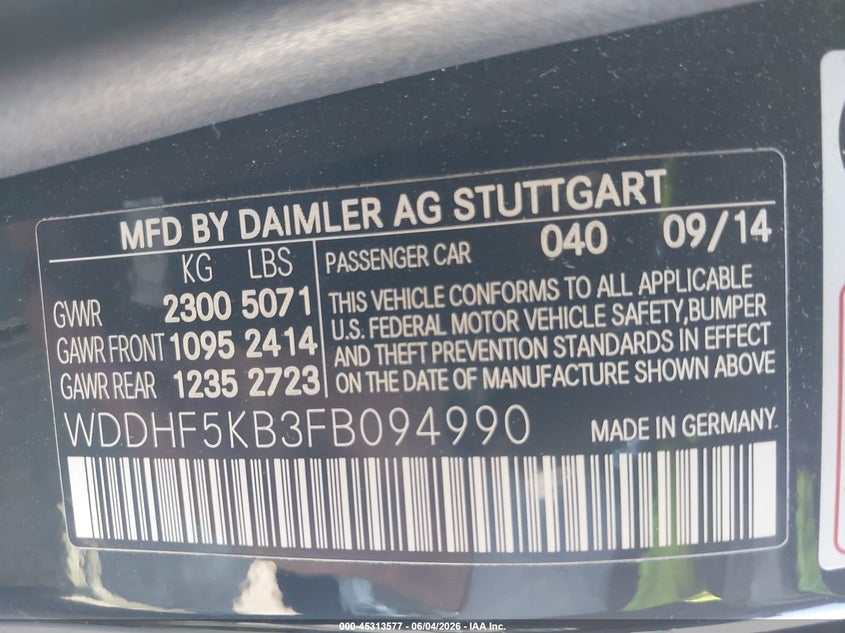 2015 Mercedes-benz E-klasse VIN WDDHF5KB3FB094990 IAAI salvage auction — REPOSSESSION, Salvage Title, sold $1,200 on 2026-07-22 (photo 9)