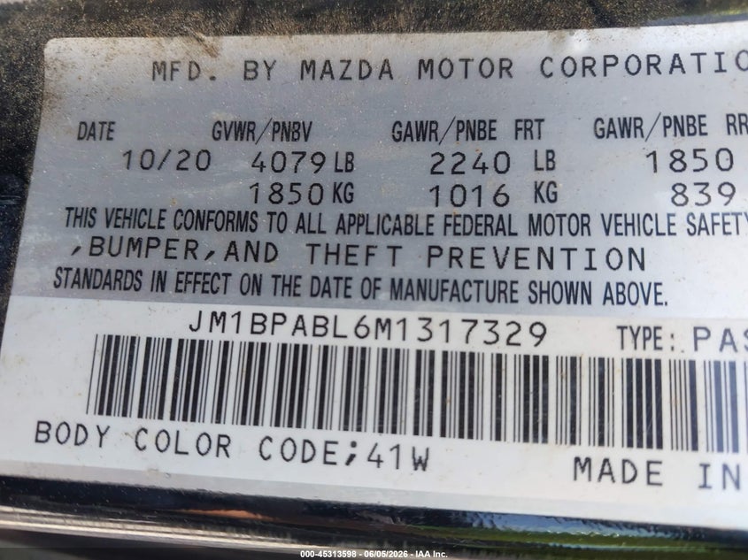 2021 Mazda 3 VIN JM1BPABL6M1317329 IAAI salvage auction — FRONT & REAR, Salvage Title, sold $1,350 on 2026-07-11 (photo 9)