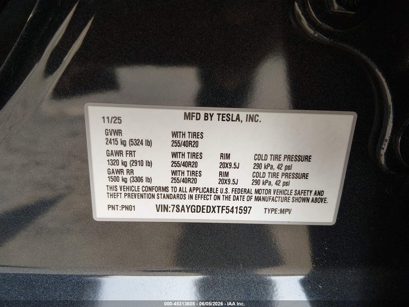 2026 Tesla Model y VIN 7SAYGDEDXTF541597 IAAI salvage auction — LEFT FRONT, Salvage Title, sold $25 on 2026-07-29 (photo 9)