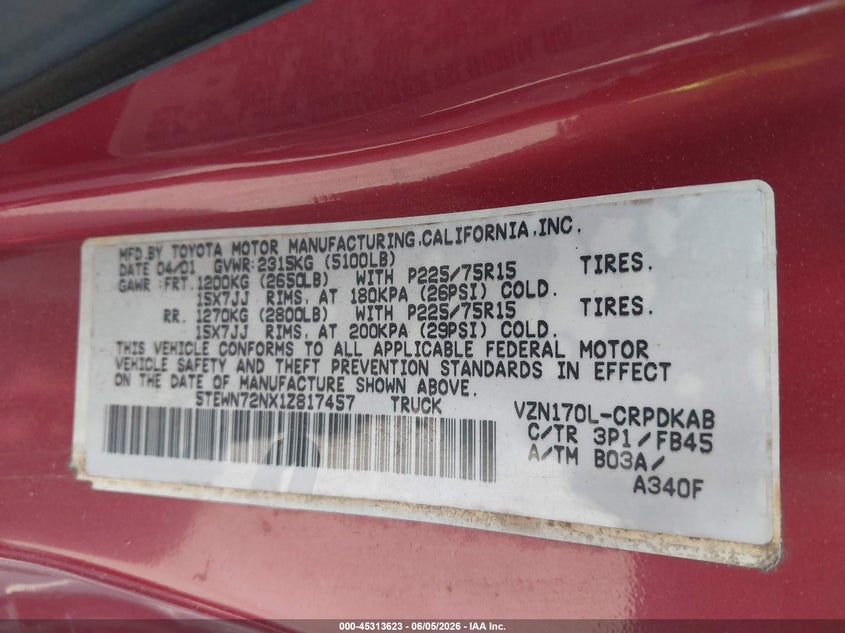 2001 Toyota Tacoma VIN 5TEWN72NX1Z817457 IAAI salvage auction — NORMAL WEAR, Bill Of Sale (Connecticut), sold $775 on 2026-07-09 (photo 9)