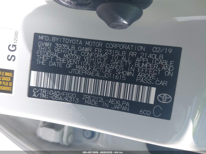 2020 Toyota Corolla VIN JTDEPRAE4LJ011615 IAAI salvage auction — FRONT END, Salvage Title, sold $4,000 on 2026-07-07 (photo 9)