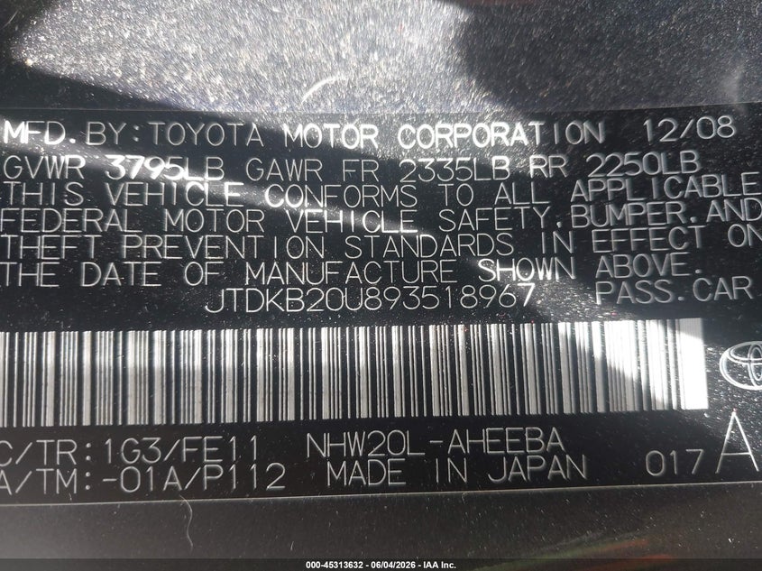 2009 Toyota Prius VIN JTDKB20U893518967 IAAI salvage auction — NORMAL WEAR, Salvage Title - Dealer (California), sold $825 on 2026-07-13 (photo 9)