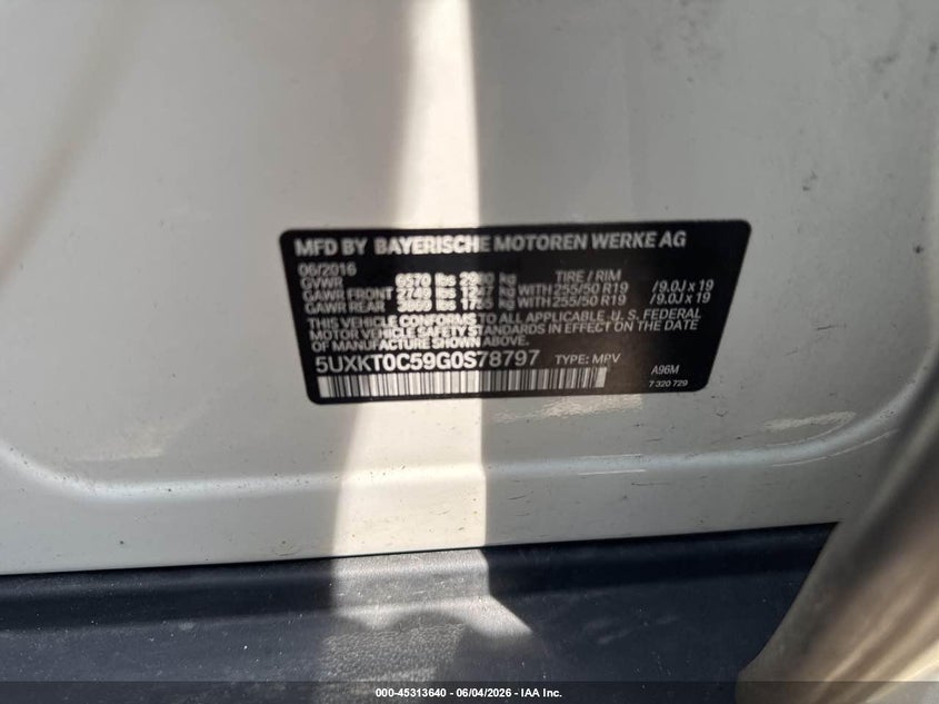2016 BMW X5 VIN 5UXKT0C59G0S78797 IAAI salvage auction — NORMAL WEAR, Original (New Hampshire), sold $7,025 on 2026-07-08 (photo 9)