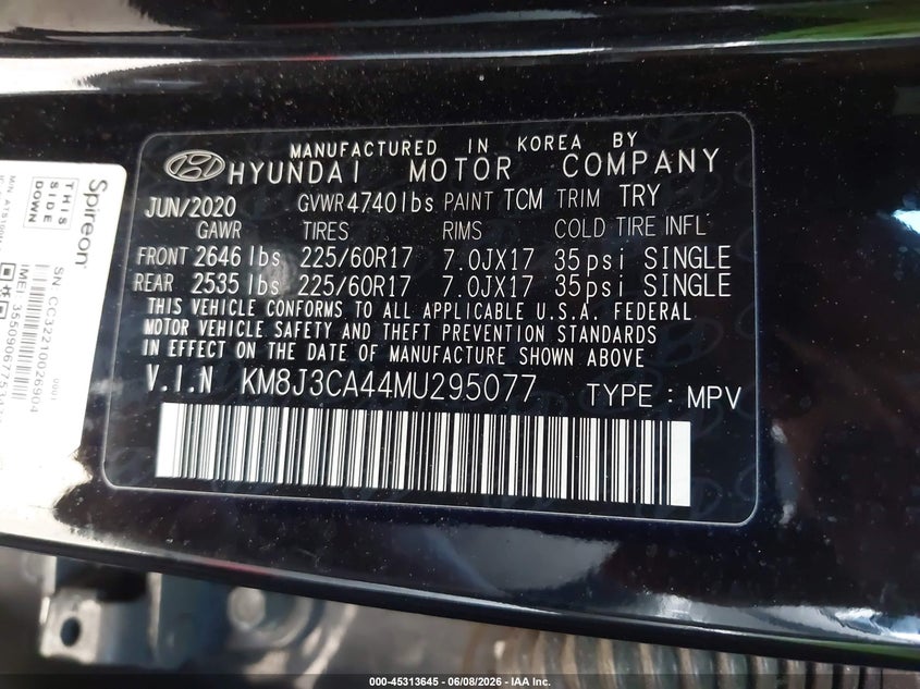 2021 Hyundai Tucson VIN KM8J3CA44MU295077 IAAI salvage auction — SIDE, Salvage Title, sold $4,700 on 2026-07-24 (photo 9)