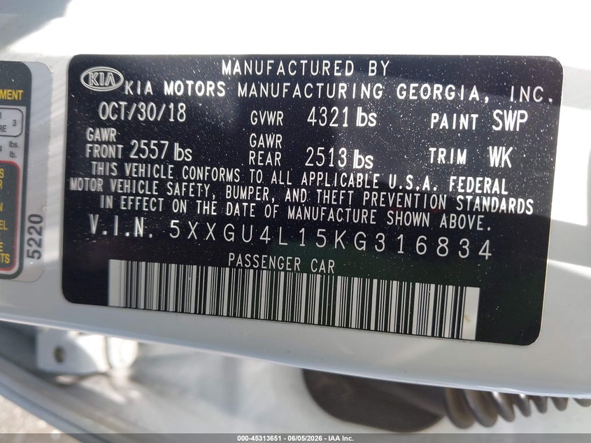 2019 Kia Optima VIN 5XXGU4L15KG316834 IAAI salvage auction — FRONT END, Salvage Title, sold $25 on 2026-07-24 (photo 9)