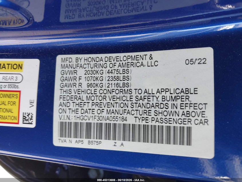 2022 Honda Accord VIN 1HGCV1F30NA055184 IAAI salvage auction — FRONT END, Salvage Title, sold $3,750 on 2026-08-01 (photo 9)