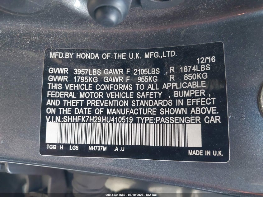 2017 Honda Civic VIN SHHFK7H29HU410519 IAAI salvage auction — LEFT FRONT, Salvage Title, sold $2,950 on 2026-07-29 (photo 9)