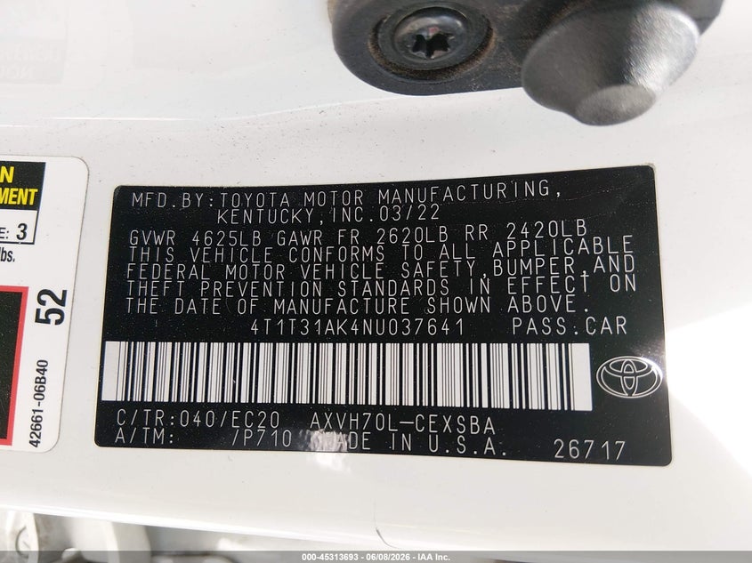 2022 Toyota Camry VIN 4T1T31AK4NU037641 IAAI salvage auction — FRONT END, Salvage Title, sold $4,150 on 2026-07-22 (photo 9)