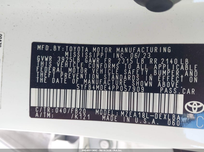 2023 Toyota Corolla VIN 5YFB4MDE4PP057909 IAAI salvage auction — FRONT END, Salvage (Arizona), sold $2,500 on 2026-07-20 (photo 9)