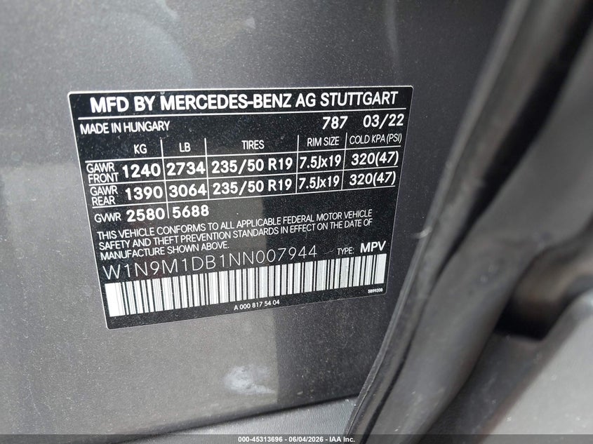 2022 Mercedes-benz Eqb VIN W1N9M1DB1NN007944 IAAI salvage auction — NORMAL WEAR, Salvage (Florida), sold $10,275 on 2026-07-08 (photo 9)