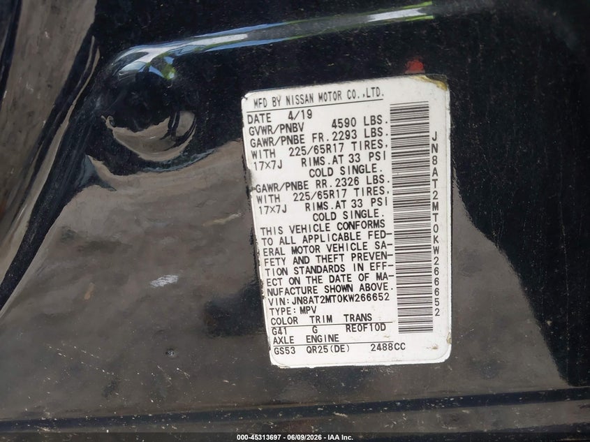 2019 Nissan Rogue VIN JN8AT2MT0KW266652 IAAI salvage auction — REAR END, Salvage Title, sold $2,550 on 2026-07-17 (photo 9)