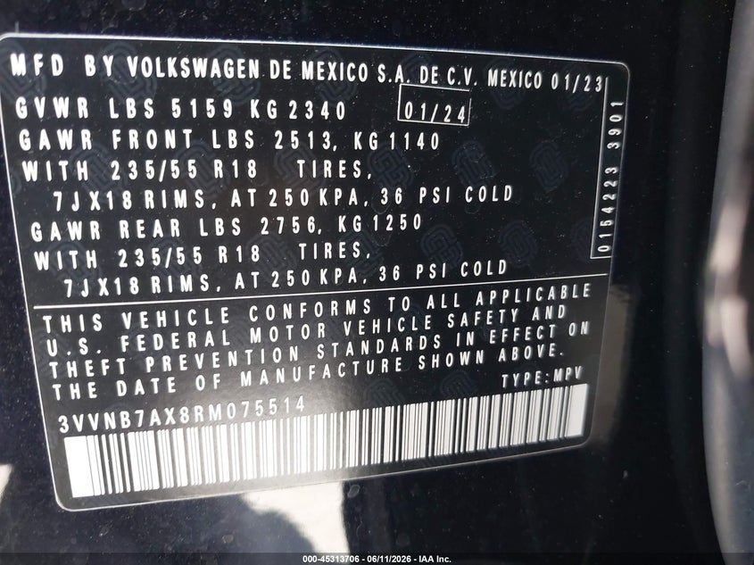 2024 Volkswagen Tiguan VIN 3VVNB7AX8RM075514 IAAI salvage auction — LEFT FRONT, Salvage Title, sold $8,400 on 2026-07-18 (photo 9)
