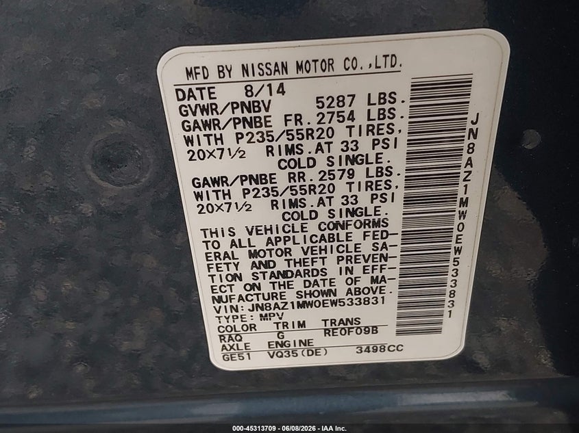 2014 Nissan Murano VIN JN8AZ1MW0EW533831 IAAI salvage auction — FRONT END, Salvage Title, sold $250 on 2026-07-06 (photo 9)