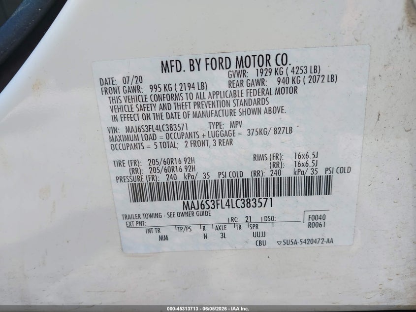 2020 Ford Ecosport VIN MAJ6S3FL4LC383571 IAAI salvage auction — REAR END, Salvage Title, sold $1,025 on 2026-07-16 (photo 9)