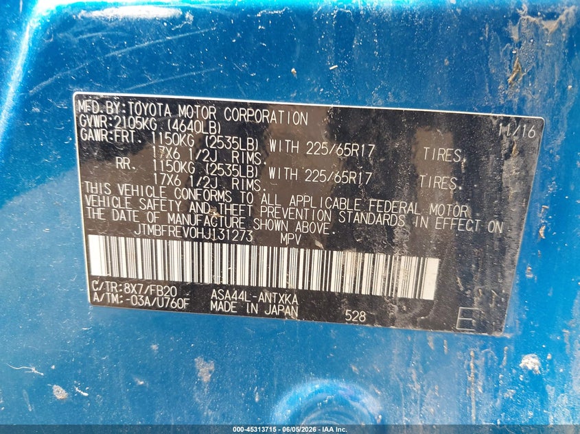 2017 Toyota Rav 4 VIN JTMBFREV0HJ131273 IAAI salvage auction — ROLLOVER, Salvage Title, sold $1,550 on 2026-07-09 (photo 9)