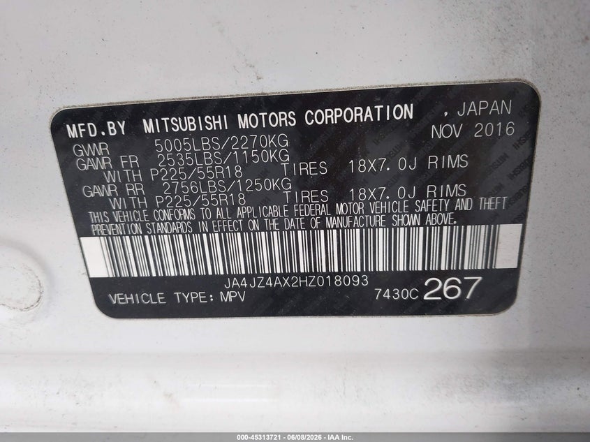 2017 Mitsubishi Outlander VIN JA4JZ4AX2HZ018093 IAAI salvage auction — FRONT END, Salvage Title, sold $600 on 2026-07-17 (photo 9)