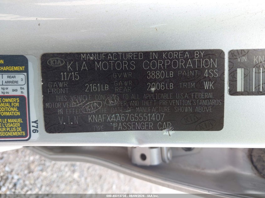 2016 Kia Forte VIN KNAFX4A67G5551407 IAAI salvage auction — REAR END, Salvage Title, sold $1,000 on 2026-07-21 (photo 9)