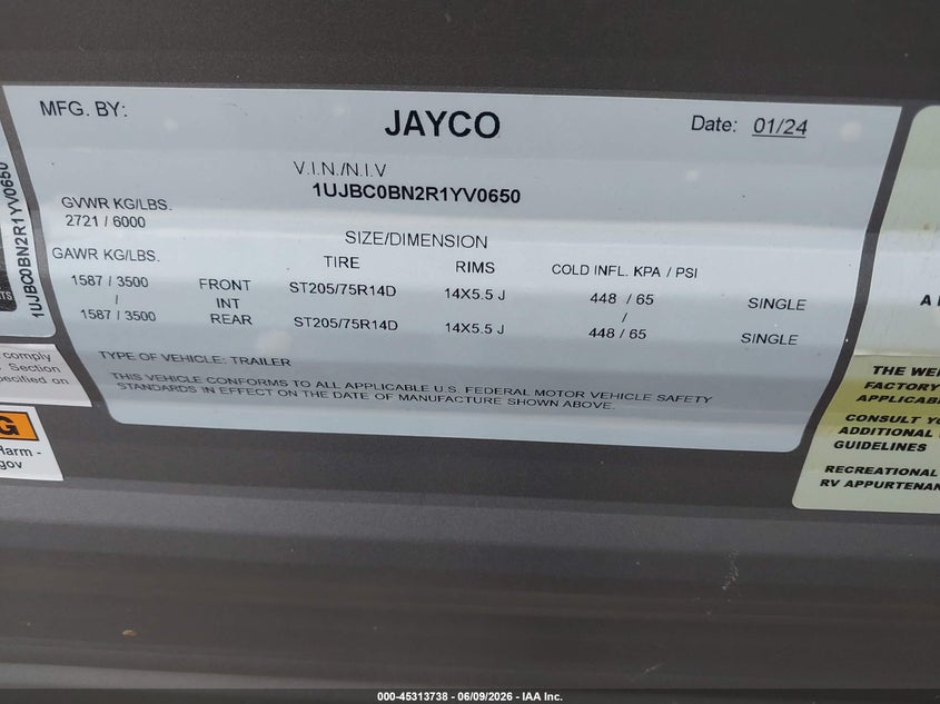 2024 Jayco Camper VIN 1UJBC0BN2R1YV0650 IAAI salvage auction — FRONT END, Original (Texas), sold $8,775 on 2026-09-02 (photo 9)