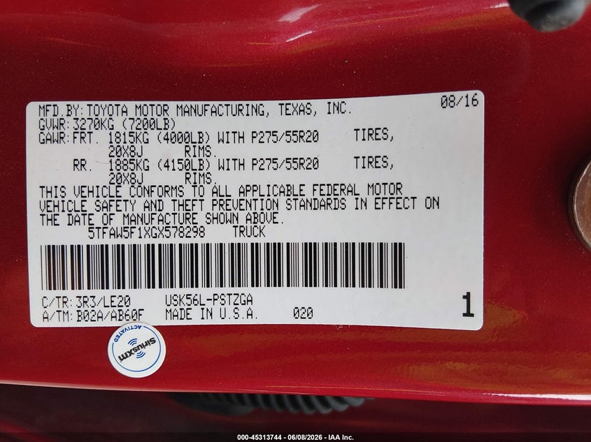 2016 Toyota Tundra VIN 5TFAW5F1XGX578298 IAAI salvage auction — REAR END, Salvage Title, sold $12,400 on 2026-07-16 (photo 9)