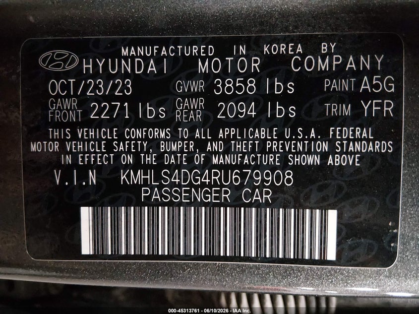 2024 Hyundai Elantra VIN KMHLS4DG4RU679908 IAAI salvage auction — FRONT END, Salvage Title, sold $75 on 2026-07-28 (photo 9)