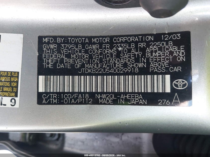 2004 Toyota Prius VIN JTDKB22U540029918 IAAI salvage auction — FRONT END, Salvage (California), sold $1,050 on 2026-07-06 (photo 9)