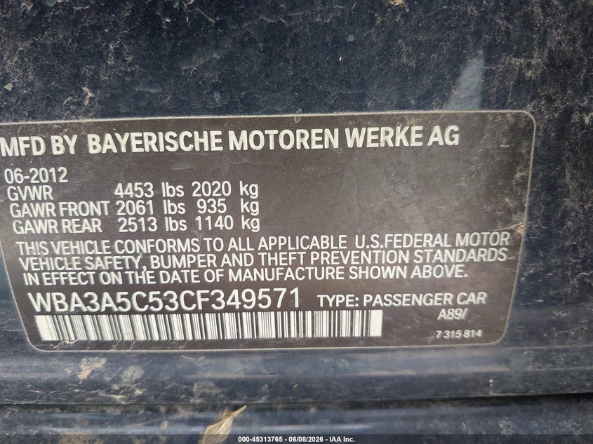 2012 BMW 3er VIN WBA3A5C53CF349571 IAAI salvage auction — REAR END, Salvage Title, sold $1,825 on 2026-07-06 (photo 9)