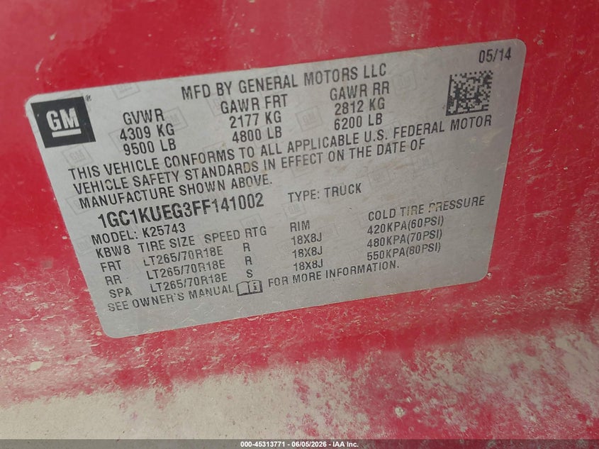 2015 Chevrolet Silverado VIN 1GC1KUEG3FF141002 IAAI salvage auction — HAIL, Salvage Title, sold $3,850 on 2026-07-19 (photo 9)