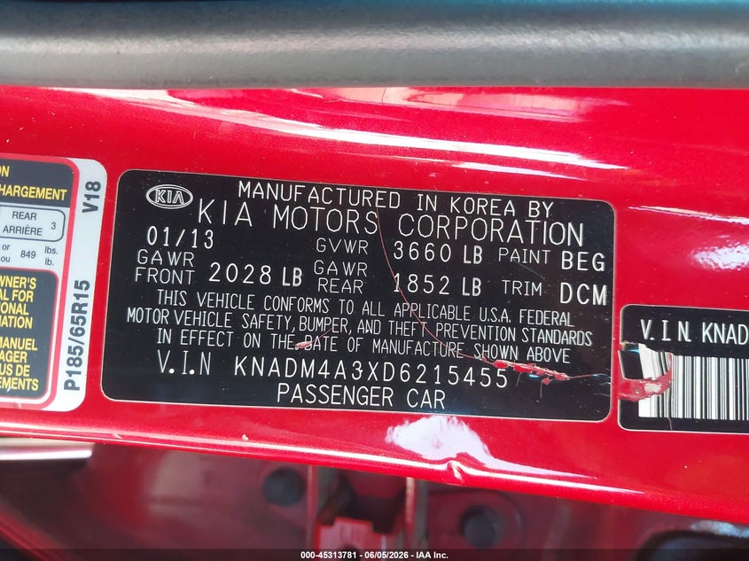 2013 Kia Rio VIN KNADM4A3XD6215455 IAAI salvage auction — NORMAL WEAR, Clear (North Carolina), sold $325 on 2026-07-15 (photo 9)