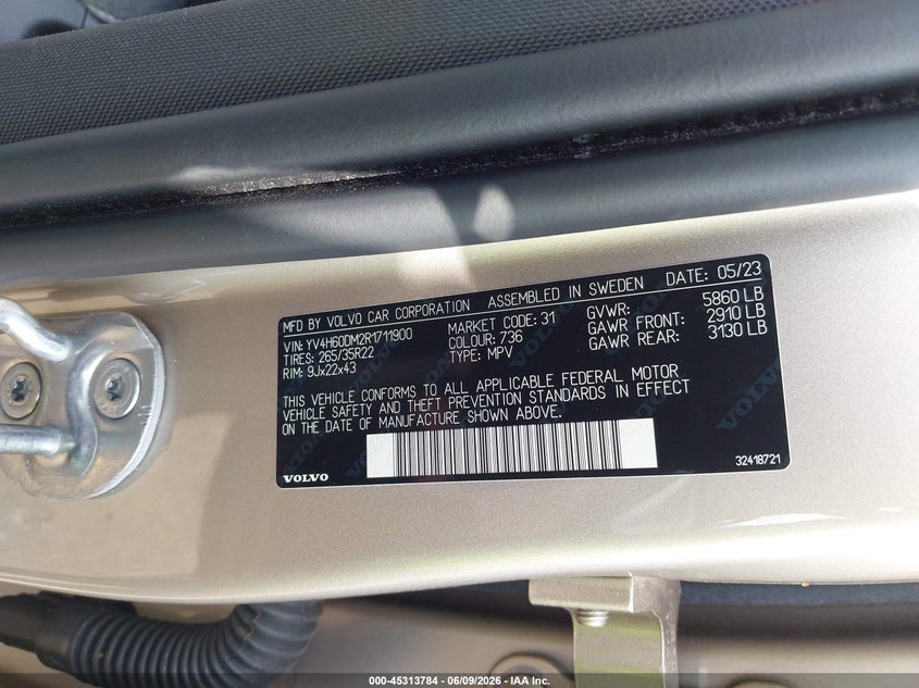 2024 Volvo Xc60 VIN YV4H60DM2R1711900 IAAI salvage auction — REAR END, Salvage Title, sold $19,600 on 2026-08-07 (photo 9)