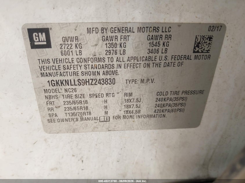 2017 Gmc Acadia VIN 1GKKNLLS9HZ243830 IAAI salvage auction — UNKNOWN, Salvage Title, sold $1,450 on 2026-07-11 (photo 9)