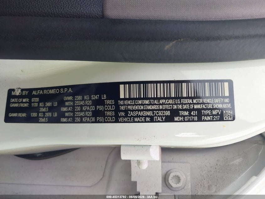 2020 Alfa romeo Stelvio VIN ZASPAKBN6L7C92398 IAAI salvage auction — FRONT END, Clear (Arkansas), sold $3,150 on 2026-07-13 (photo 9)