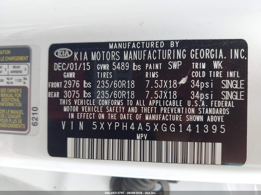 2016 Kia Sorento VIN 5XYPH4A5XGG141395 IAAI salvage auction — FRONT END, Salvage Title, sold $1,400 on 2026-07-10 (photo 9)