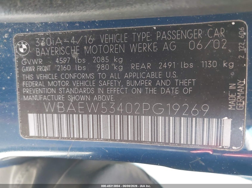2002 BMW 3er VIN WBAEW53402PG19269 IAAI salvage auction — NORMAL WEAR, Clear (Massachusetts), sold $450 on 2026-07-17 (photo 9)
