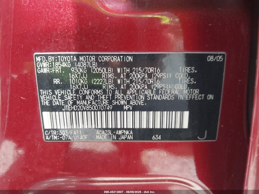 2005 Toyota Rav4 VIN JTEHD20V850070749 IAAI salvage auction — NORMAL WEAR, Clear (Virginia), sold $700 on 2026-07-28 (photo 9)