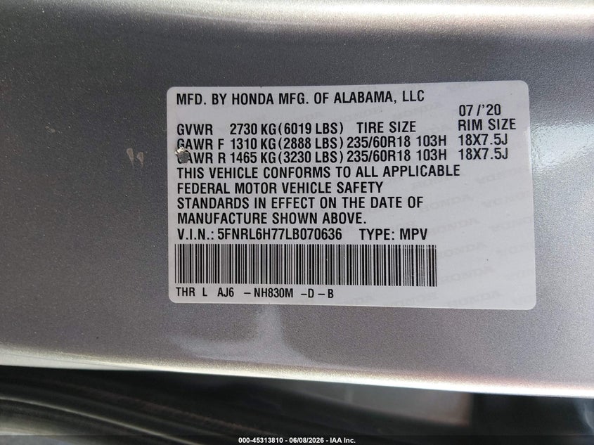 2020 Honda Odyssey VIN 5FNRL6H77LB070636 IAAI salvage auction — UNKNOWN, Salvage (Nevada), sold $2,450 on 2026-07-24 (photo 9)