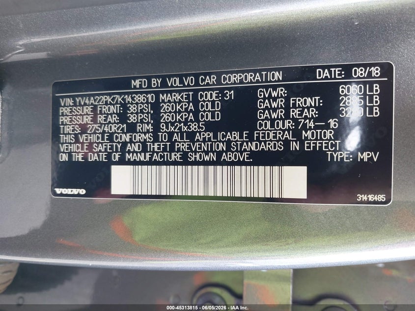 2019 Volvo Xc90 VIN YV4A22PK7K1438610 IAAI salvage auction — RIGHT SIDE, Salvage Title, sold $25 on 2026-07-31 (photo 9)