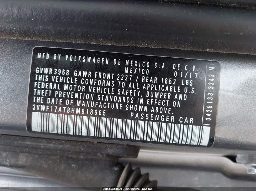 2017 Volkswagen Beetle VIN 3VWF17AT8HM618665 IAAI salvage auction — LEFT REAR, Salvage Title, sold $1,850 on 2026-07-10 (photo 9)
