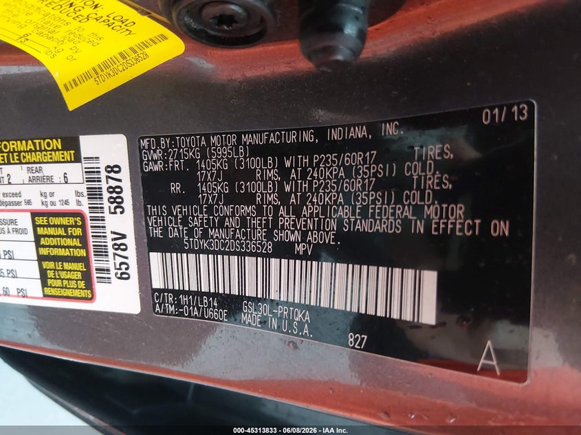2013 Toyota Sienna VIN 5TDYK3DC2DS336528 IAAI salvage auction — LEFT FRONT, Salvage Title, sold $1,950 on 2026-07-14 (photo 9)