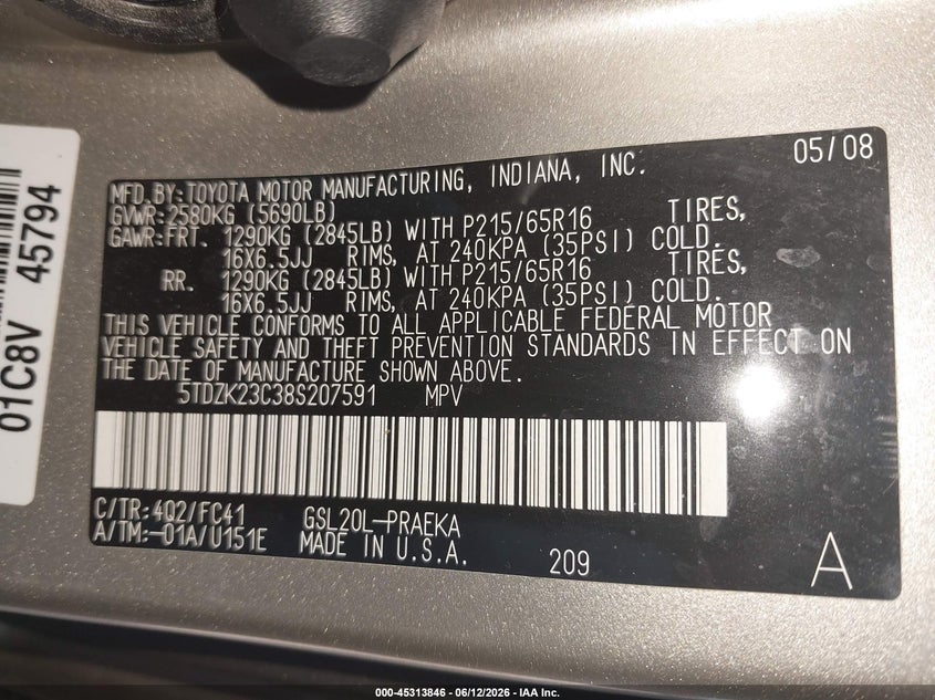 2008 Toyota Sienna VIN 5TDZK23C38S207591 IAAI salvage auction — RIGHT FRONT, Salvage (Pennsylvania), sold $725 on 2026-07-09 (photo 9)