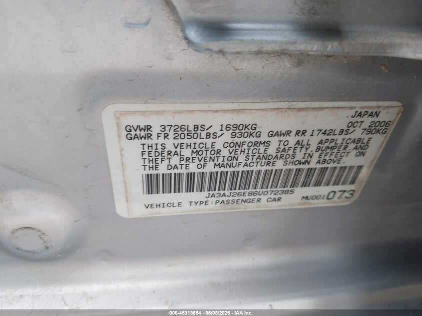 2006 Mitsubishi Lancer VIN JA3AJ26E86U072385 IAAI salvage auction — FRONT END, Salvage (Texas), sold $200 on 2026-07-09 (photo 9)