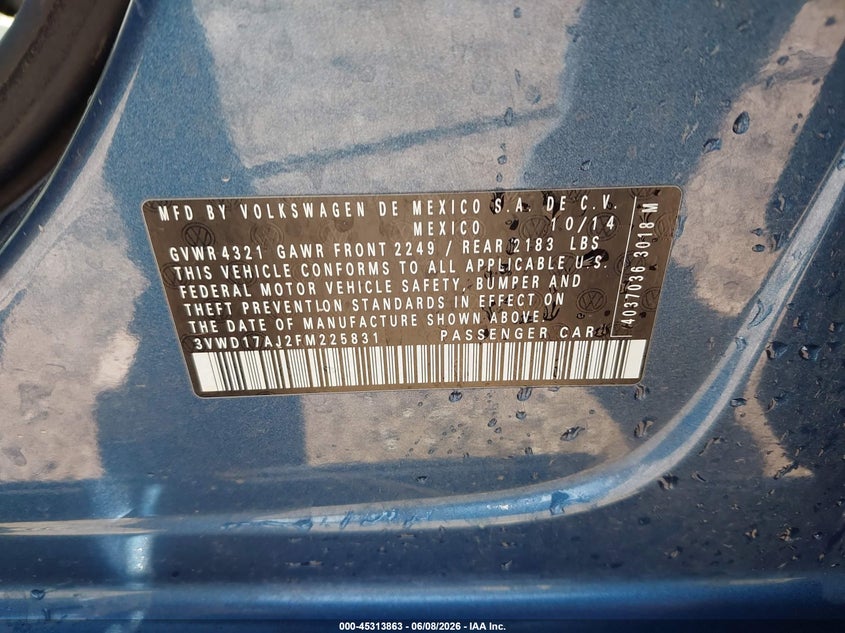 2015 Volkswagen Jetta VIN 3VWD17AJ2FM225831 IAAI salvage auction — SIDE, Salvage Title, sold $200 on 2026-07-22 (photo 9)